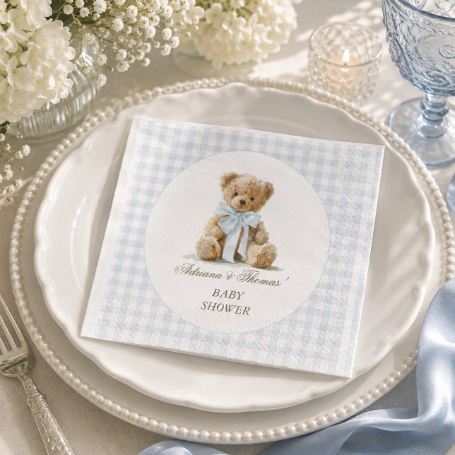 Guardanapo De Papel Chá de Bebê Menino Xadrez Azul Urso (Criador carregado)