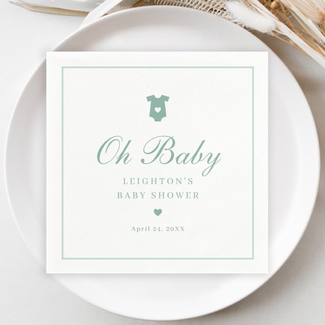 Guardanapo De Papel Chá de Bebê Neutro em Script Verde Sage Elegante  (Elegant Sage Green Oh Baby Script Gender Neutral Baby Shower Napkins.)