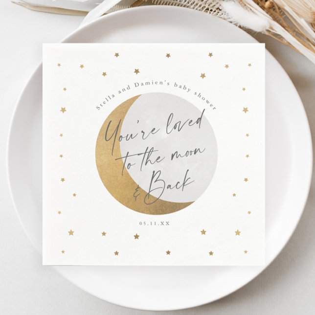 Guardanapo De Papel Chá de Bebê Neutro Lua e Estrelas Douradas (Elegant Gold Moon and Stars Script Gender Neutral Baby Shower Napkin.)