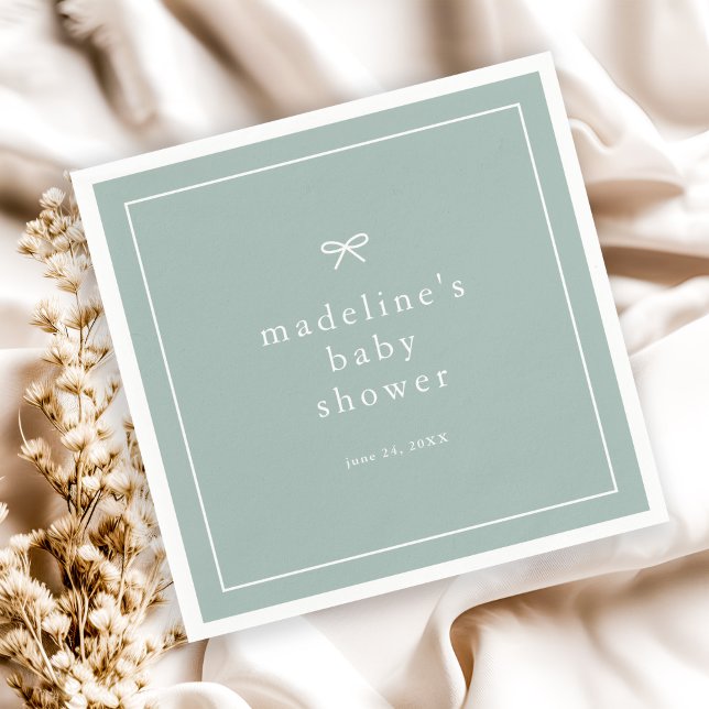 Guardanapo De Papel Chá de Bebê Neutro Simples e Elegante (Simple bow sage green gender neutral baby shower napkins.)