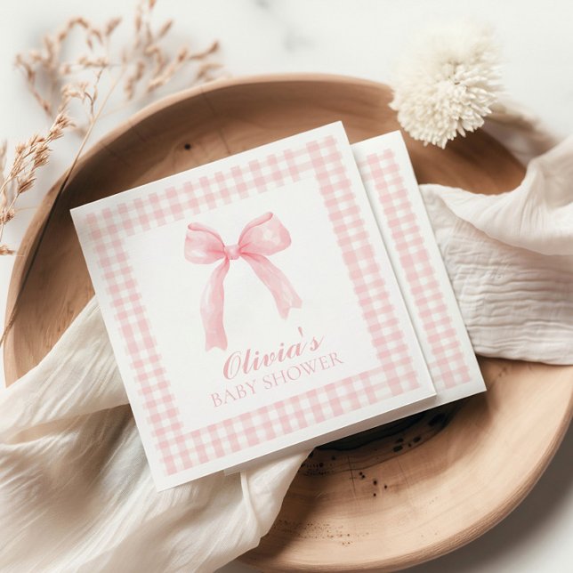 Guardanapo De Papel Chá de bebê préppy com laço rosa e xadrez (Criador carregado)