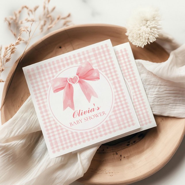 Guardanapo De Papel Chá de bebê préppy com laço rosa e xadrez gingham (Criador carregado)