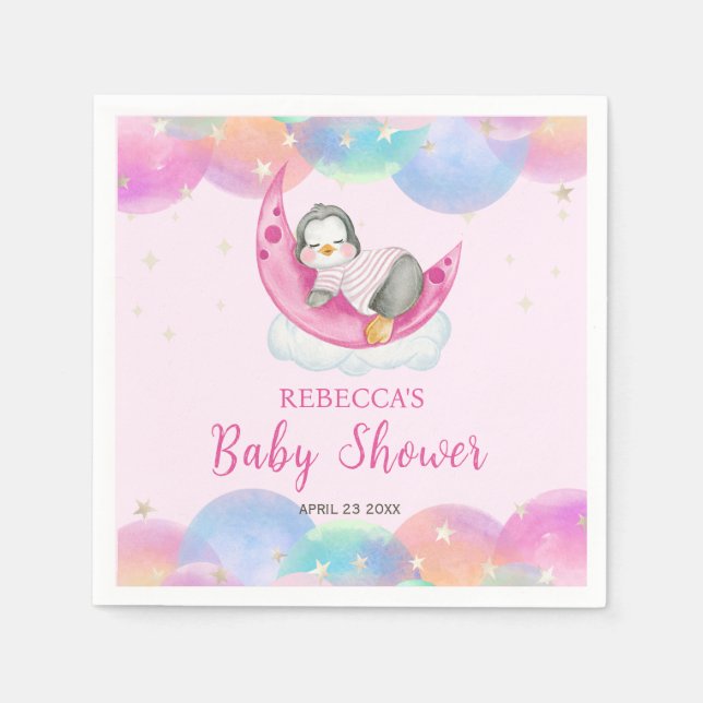 Guardanapo De Papel Chá de Bebê Rosa de Bebê Pinguim Fofo  (Frente)