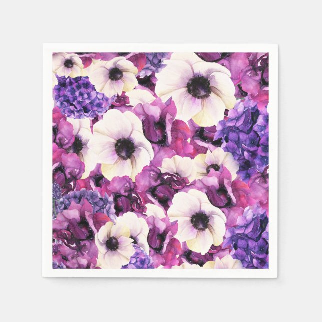 Guardanapo De Papel Chá de Bebê Rosa e Roxo com Flores em Aquarela (Frente)