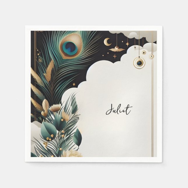 Guardanapo De Papel Chá de Bebê Rústico Asiático Céu com Pavão (Frente)