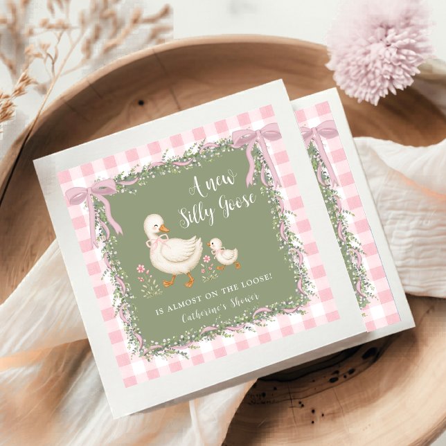 Guardanapo De Papel Chá de Bebê Silly Goose Verde Sage Rosa Xadrez (Criador carregado)