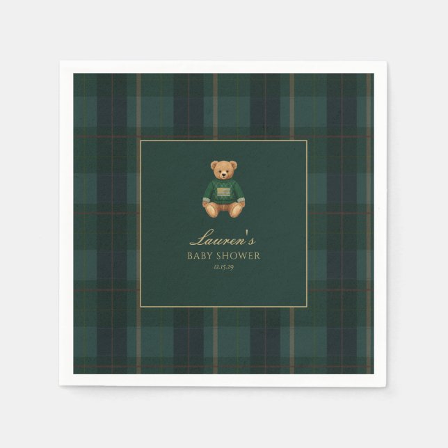Guardanapo De Papel Chá de Bebê Urso Xadrez Verde Clássico (Frente)