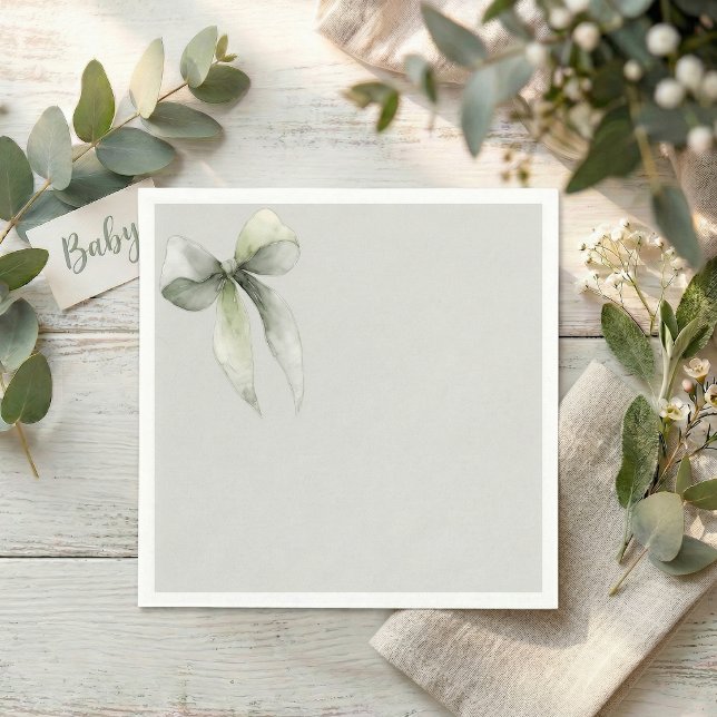 Guardanapo De Papel Chá de Bebê Xadrez com Laço Verde Salvia (Sage green Bow napkin)