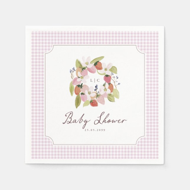 Guardanapo De Papel Chá de Bebê Xadrez Rosa Monograma Morango (Frente)