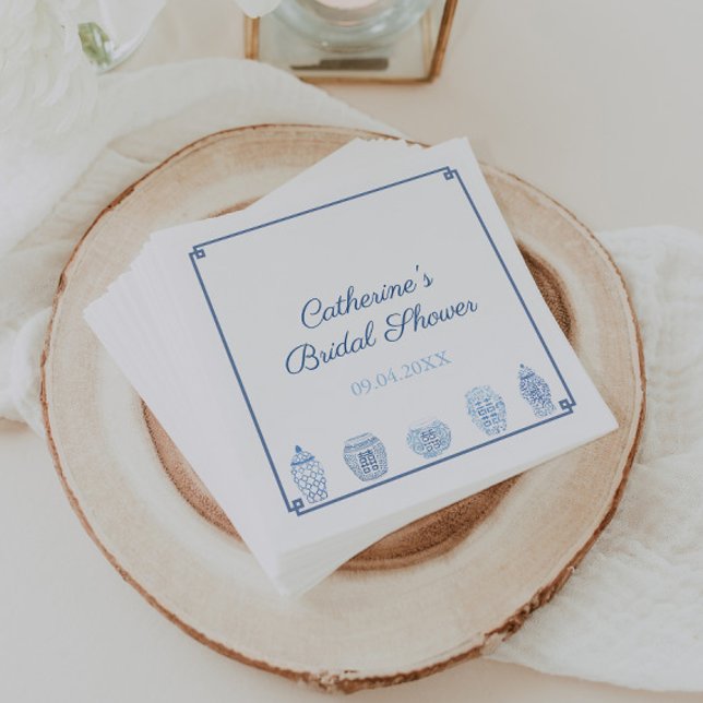 Guardanapo De Papel Chá de casamento Branca de Chinoiserie Chic (Blue and white ginger jar bridal shower party napkins with Greek key border)