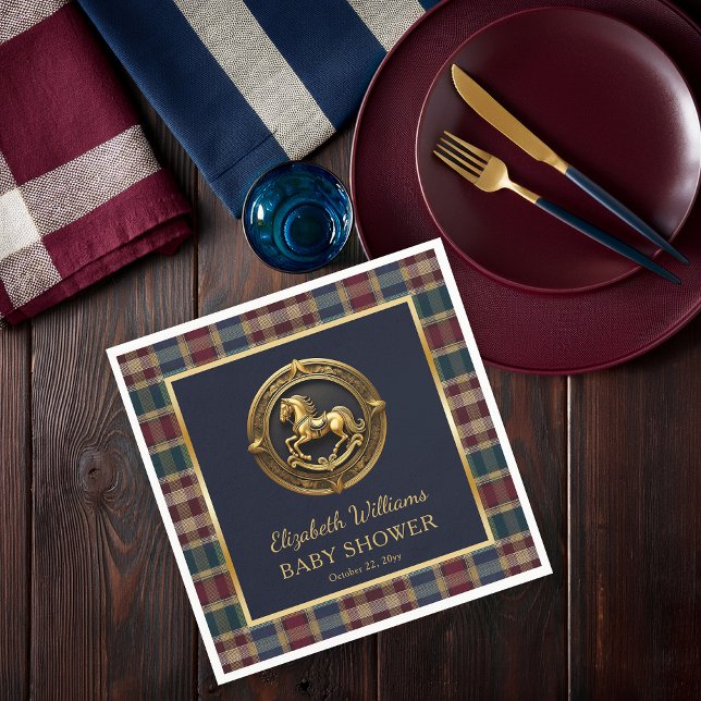 Guardanapo De Papel Chá de fraldas Azul Equestre Equestre de Cavalo (Charming Preppy Equestrian Gold Rocking Horse  Navy Blue with Plaid Boy Baby Shower Paper Napkins)