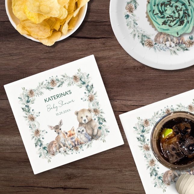Guardanapo De Papel Chá de fraldas de Animais da Floresta de inverno,  (These cute, rustic napkins are perfect for a woodland animal baby shower theme.)