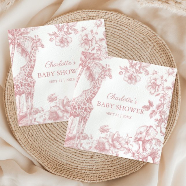 Guardanapo De Papel Chá de fraldas de Animais da Safari de Rapariga Ro (Pink Girl Toile de Jouy Safari Animals Baby Shower Napkins)