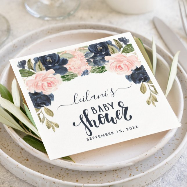 Guardanapo De Papel Chá de fraldas de Aquarela com Arco Floral a Marin (Floral botanical arch with a blush pink and navy blue baby shower napkin for an elegant design.)