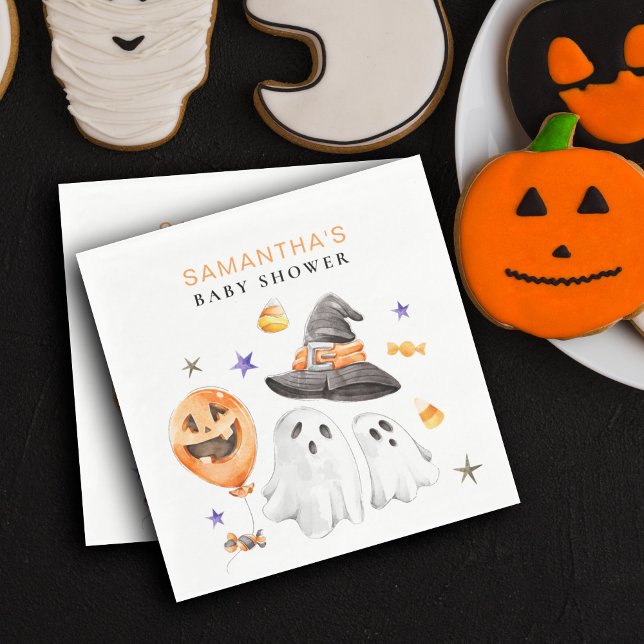 Guardanapo De Papel Chá de fraldas de Aquarela do Pequeno Boo Hallowee (Halloween inspired baby shower napkins are a perfect way to decorate tables for your little boo.)