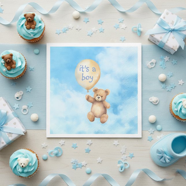 Guardanapo De Papel Chá de fraldas de balão flutuante de ursinho (Cute teddy bear floating balloon with message and fluffy clouds baby shower napkins.)