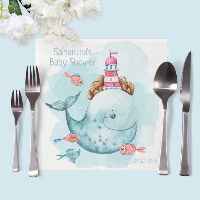Guardanapo De Papel Chá de fraldas de Baleia Personalizado Bonito (Cute Personalized Whale Baby Shower Napkins
)