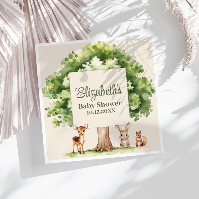 Guardanapo De Papel Chá de fraldas de Boho Cute Woodland (Boho Cute Woodland Animals Baby Shower Napkins on a sunny white table.)