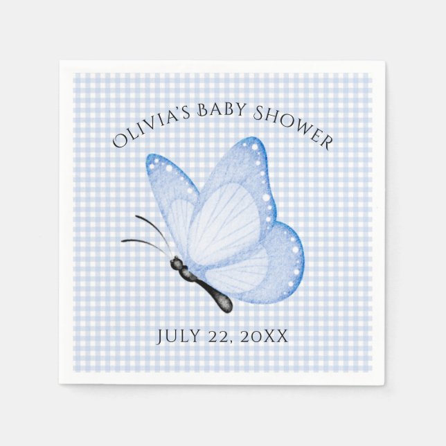 Guardanapo De Papel Chá de fraldas de borboleta Blue Gingham Baby Boy (Frente)