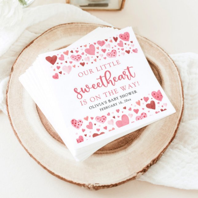 Guardanapo De Papel Chá de fraldas de Dia de os namorados rosa doce (Watercolor Cute Pink and Red Hearts A Little Sweetheart Valentine's Day Baby Shower Napkins)