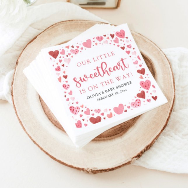 Guardanapo De Papel Chá de fraldas de Dia de os namorados rosa doce (Watercolor Cute Pink and Red Hearts A Little Sweetheart Valentine's Day Baby Shower Napkins)