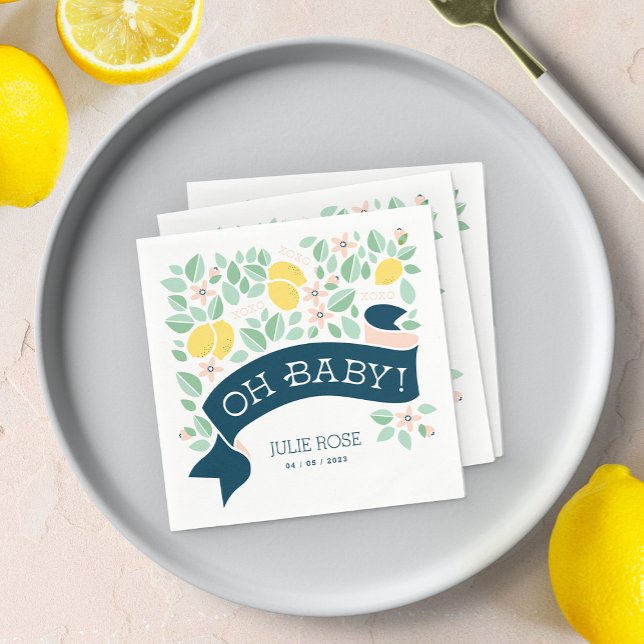 Guardanapo De Papel Chá de fraldas de Diversão Botânica Amarelo-Limão- (Cute Lemon Yellow Botanical Bold Baby Shower napkin)