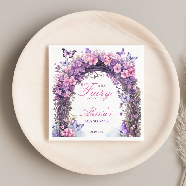 Guardanapo De Papel Chá de fraldas de fada de jardim roxo, encantado,  (Purple pink enchanted garden butterflies fairy baby shower monogram printed napkins table decor)