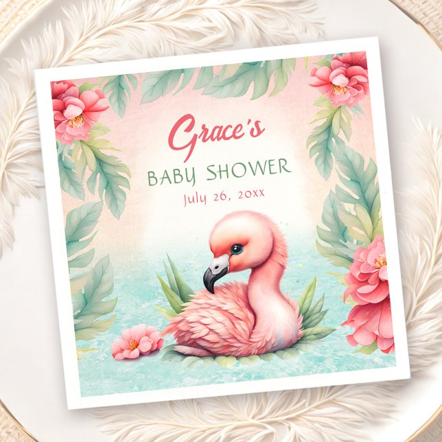 Guardanapo De Papel Chá de fraldas de Flamingo, Rosa Tropical de Verão (Tropical Summer Pink Flamingo Girl Baby Shower Napkins)