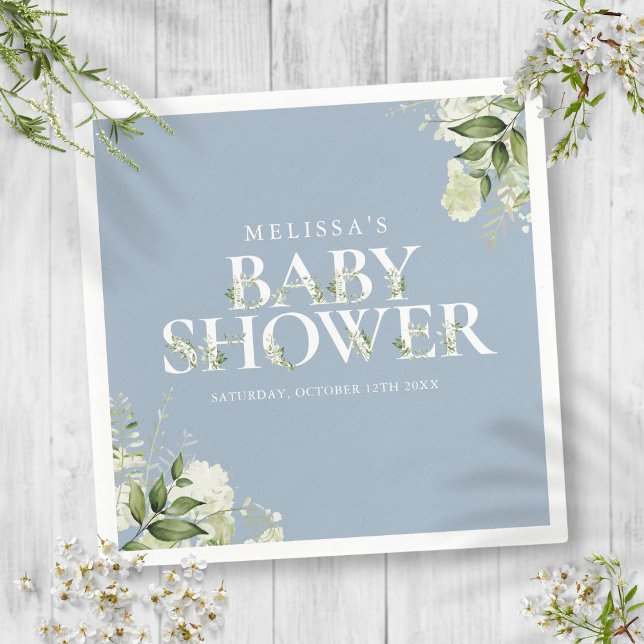 Guardanapo De Papel Chá de fraldas de Folhagem Azul-Dusty (Boy Dusty Blue Greenery Foliage Baby Shower Napkins)