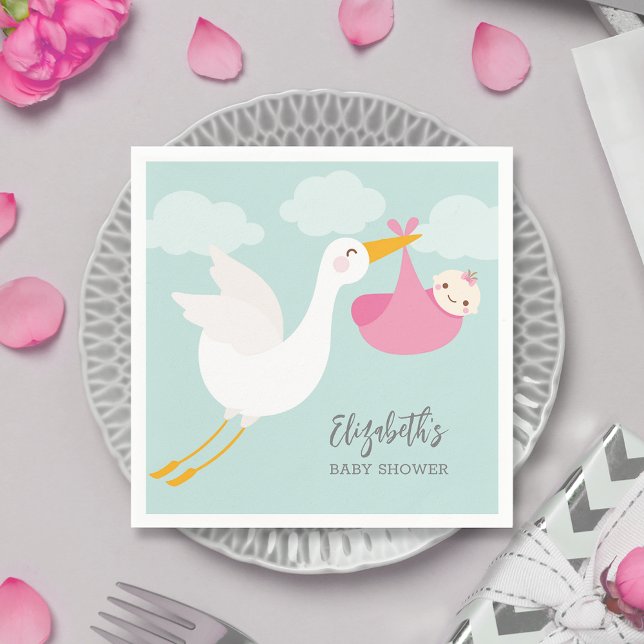 Guardanapo De Papel Chá de fraldas de Garota do Pacote de Tempestade (Pink stork bundle girl baby shower personalized cocktail napkins)