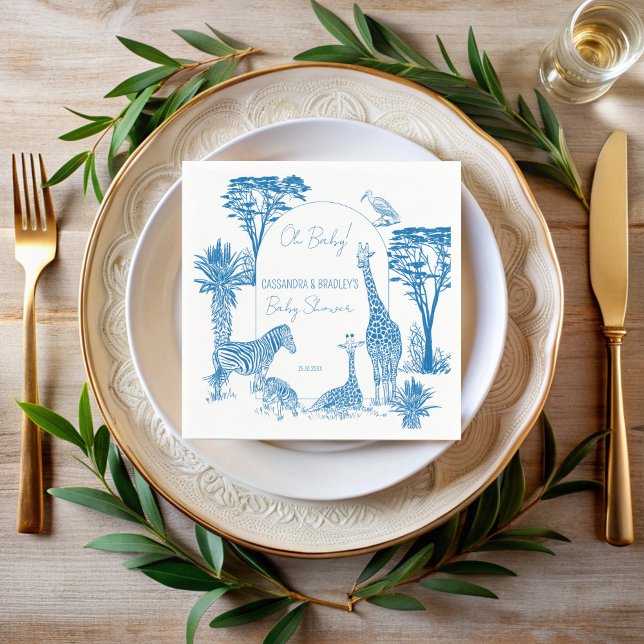 Guardanapo De Papel Chá de fraldas de girafa azul Safari (Safari blue toile de jouy giraffe baby shower monogrammed printed napkins personalized table decor)