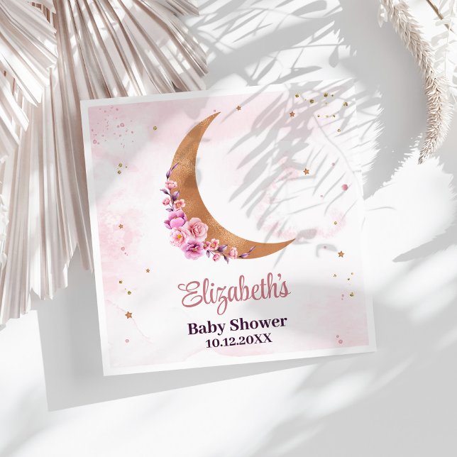 Guardanapo De Papel Chá de fraldas de Lua Floral ouro (Golden Floral Moon Baby Shower Napkins on a sunny white table.)