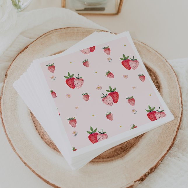 Guardanapo De Papel CHÁ DE FRALDAS de Padrão de Morango Rosa HEIDI (HEIDI Pink Strawberry Pattern Girl Baby Shower Napkins)
