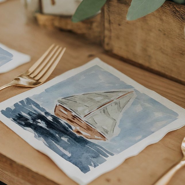 Guardanapo De Papel Chá de fraldas de pintura em veleiro náutico (Blue nautical watercolor sailboat modern baby shower napkins.)