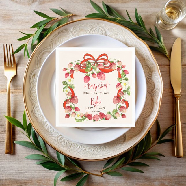 Guardanapo De Papel Chá de fraldas do coquete da fita de Strawberry (Strawberry red ribbon bow coquette berry sweet baby shower personalized printed napkins)