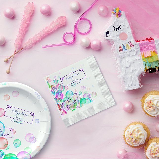 Guardanapo De Papel Chá de fraldas do Rainbow Soap Bubbles (Colorful soap bubble baby shower customizable paper napkin with matched paper plate on a party table)