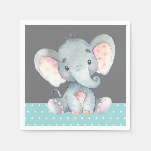 Guardanapo De Papel Chá de fraldas Elefante Aqua Teal Turquoise e Cinz (Frente)