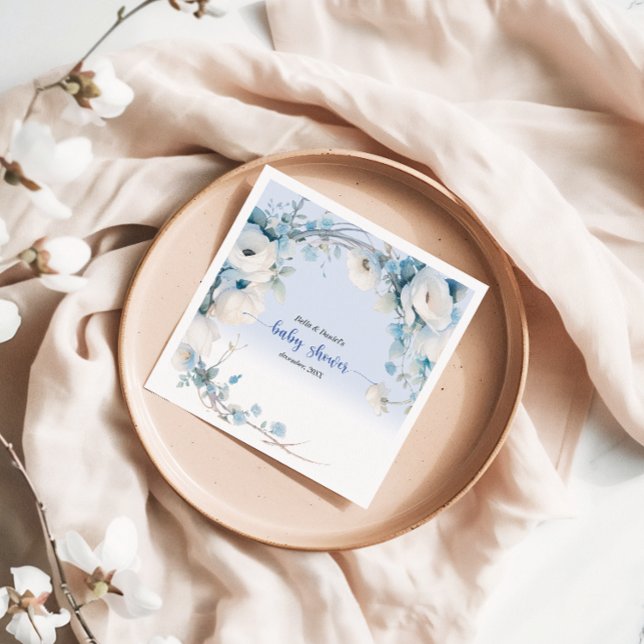 Guardanapo De Papel Chá de fraldas Floral Azul Elegante (Elegant Dusty Blue Floral Baby Shower Napkins)