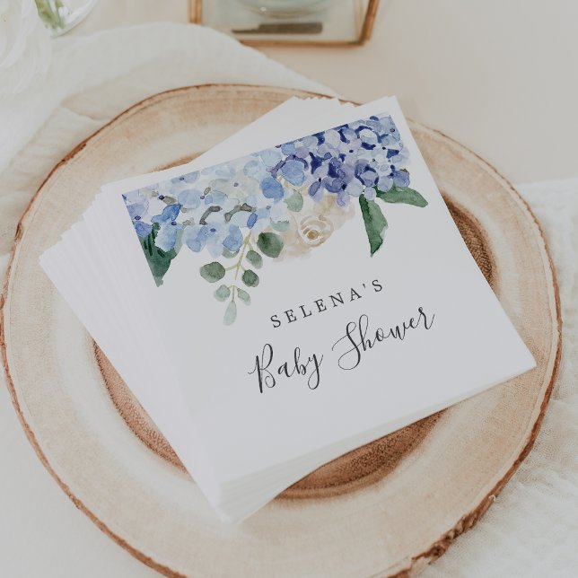 Guardanapo De Papel Chá de fraldas Floral Elegante Blue Hydrangea Prim (Elegant Blue Hydrangea Spring Floral Baby Shower Napkins)