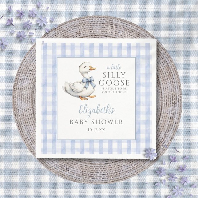 Guardanapo De Papel Chá de fraldas Gingham Azul de Ganso bobo (Silly Little Goose Blue Gingham Baby Shower Napkins)