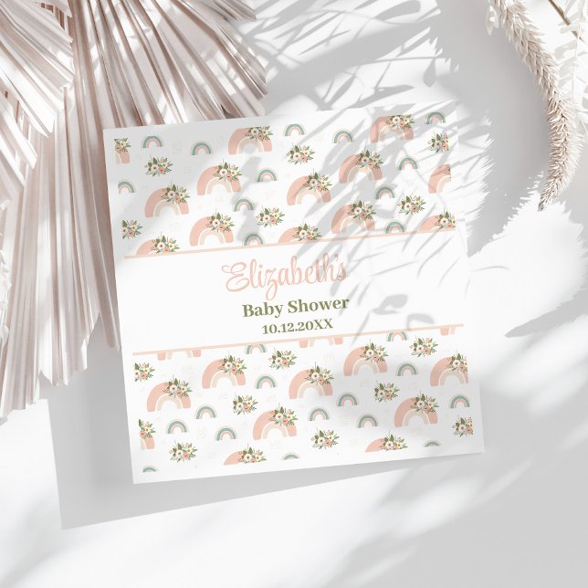 Guardanapo De Papel Chá de fraldas Inverso Floral Rosa Napkins (Pink Floral Rainbow Baby Shower Napkins on a sunny white table.)