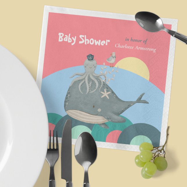 Guardanapo De Papel Chá de fraldas Rosa Lula de Baleia Náutica Cúbica (Cute Pink Nautical Whale Squid Baby Shower Napkins ©Susanne Sachers - Sunny Mind Design 🌞)