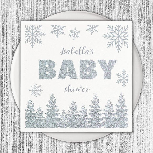 Guardanapo De Papel Chá de fraldas Silver Silver Wonderland de inverno (winter wonderland baby shower napkins silver glitter woodland)
