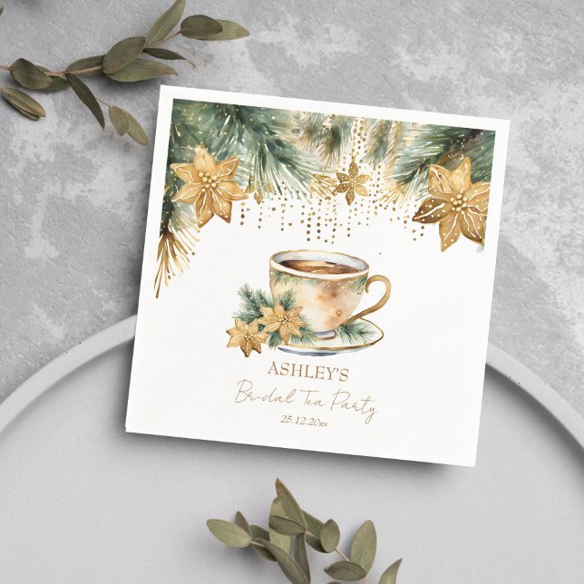 Guardanapo De Papel Chá de noiva boêmio de Natal no inverno (Boho Christmas winter bridal shower tea party tableware personalized Napkins pines gold poinsettia)