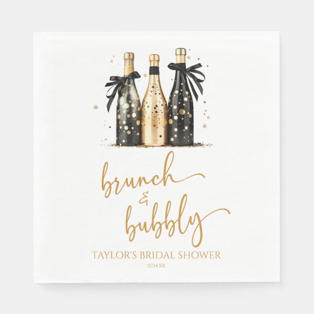 Guardanapo De Papel Chá de Noiva Brunch e Bubbly com Champanhe Dourado (Frente)