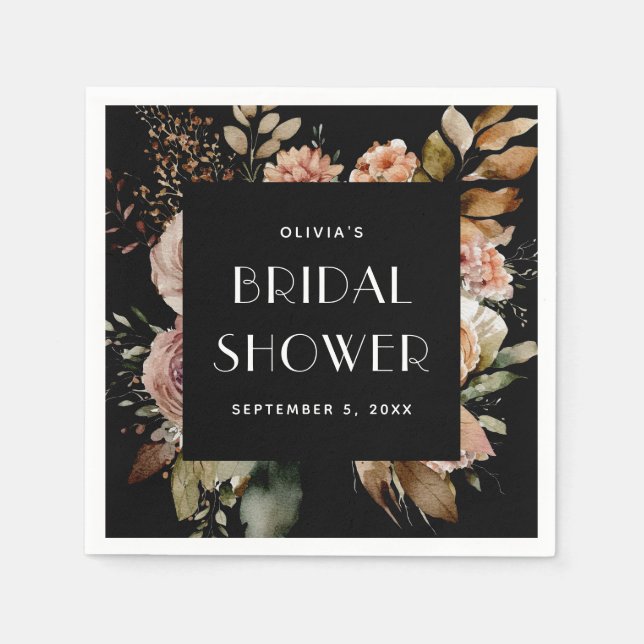 Guardanapo De Papel Chá de Noiva com Flores Pretas | Boho Chic Elegant (Frente)