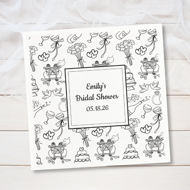 Guardanapo De Papel Chá de Noiva Divertido, Caprichado, Moderno e Fofo (Custom bridal shower napkins featuring whimsical wedding icons – perfect for a trendy celebration.)