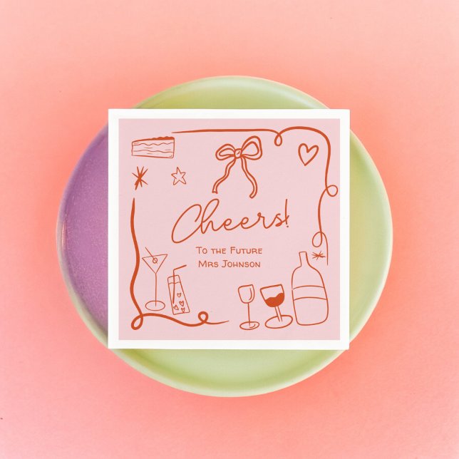 Guardanapo De Papel Chá de noiva ilustrado desenhado à mão em rosa ver (Retro pink red hand drawn illustrated bridal shower napkins)