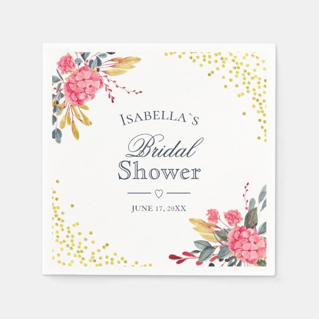 Guardanapo De Papel Chá de panela Dourado Faux Hydrangeas Rosa Floral (Frente)