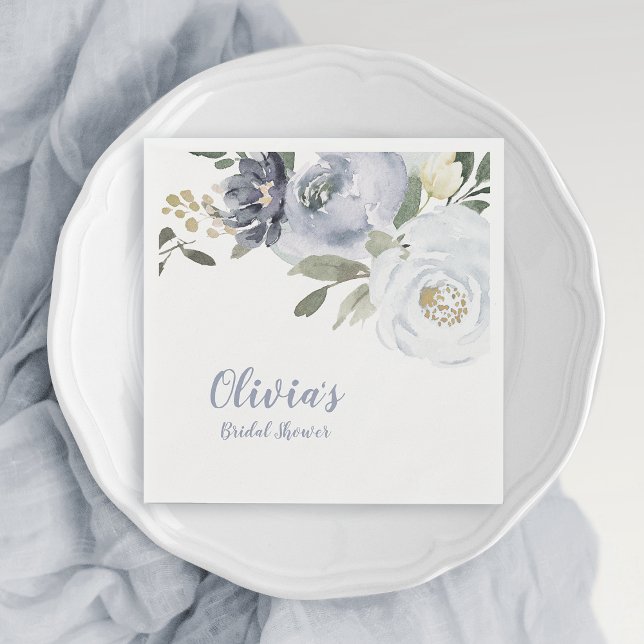 Guardanapo De Papel Chá de panela floral azul empoeirado (Blooming botanical dusty blue floral bridal shower napkins)